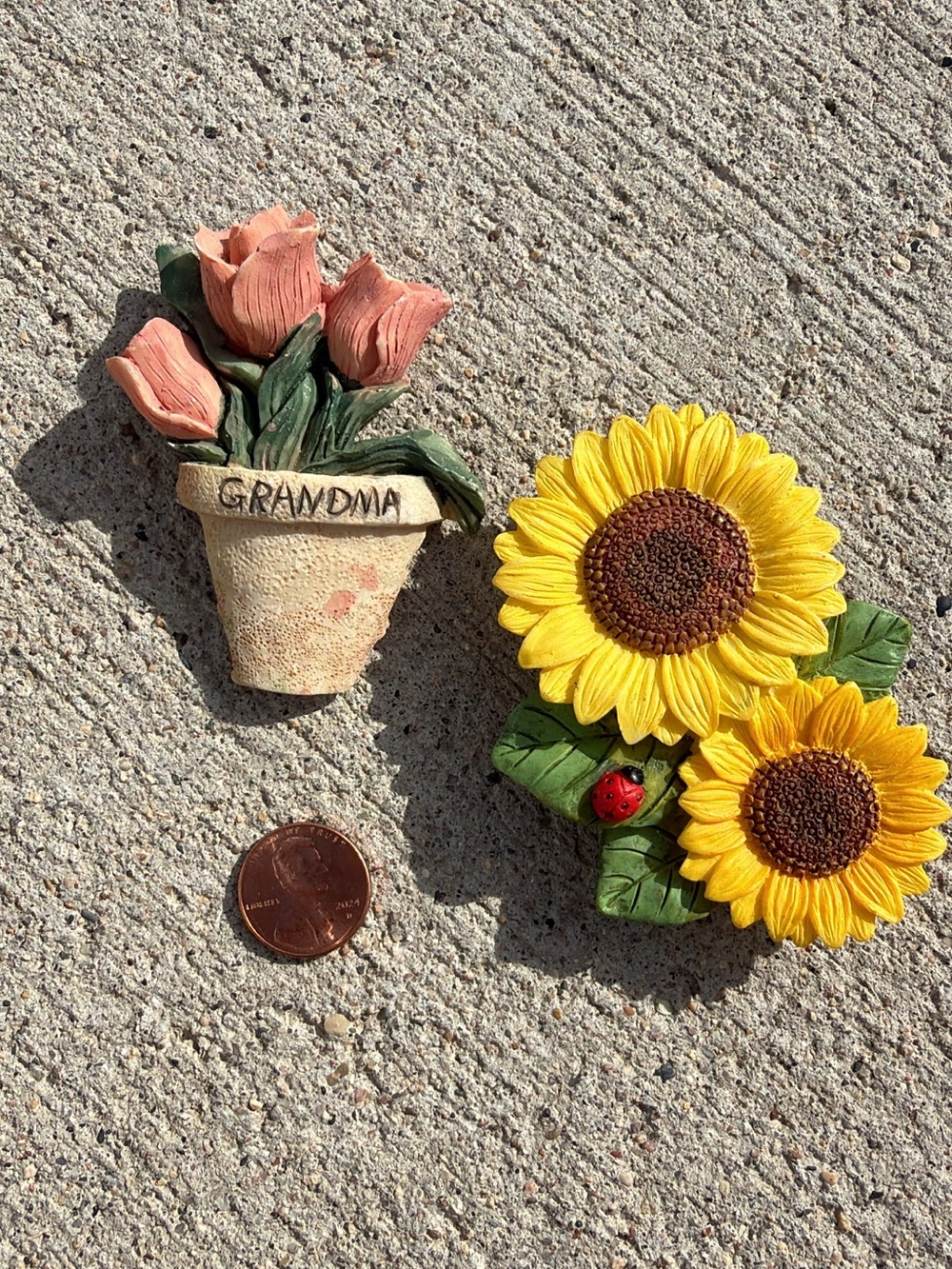 Vintage 3D Resin Kitchen Magnet Set Grandma Flower Pot & Sunflowers with Ladybug